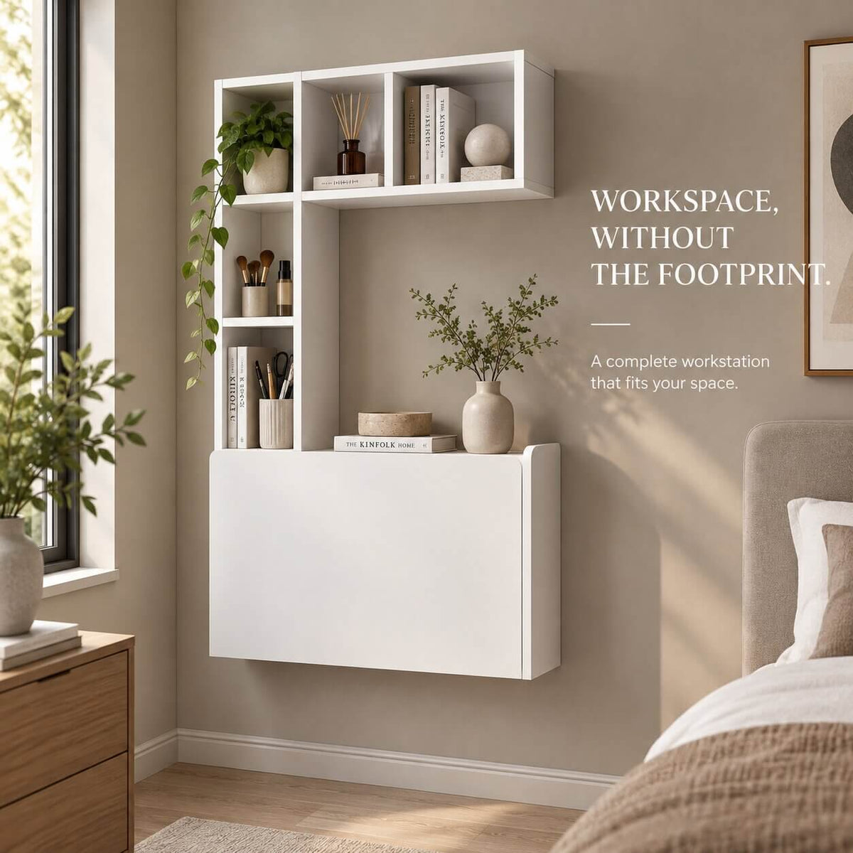 White Plywood Wall Mounted Fold Down Desk with Large Storage Shelf