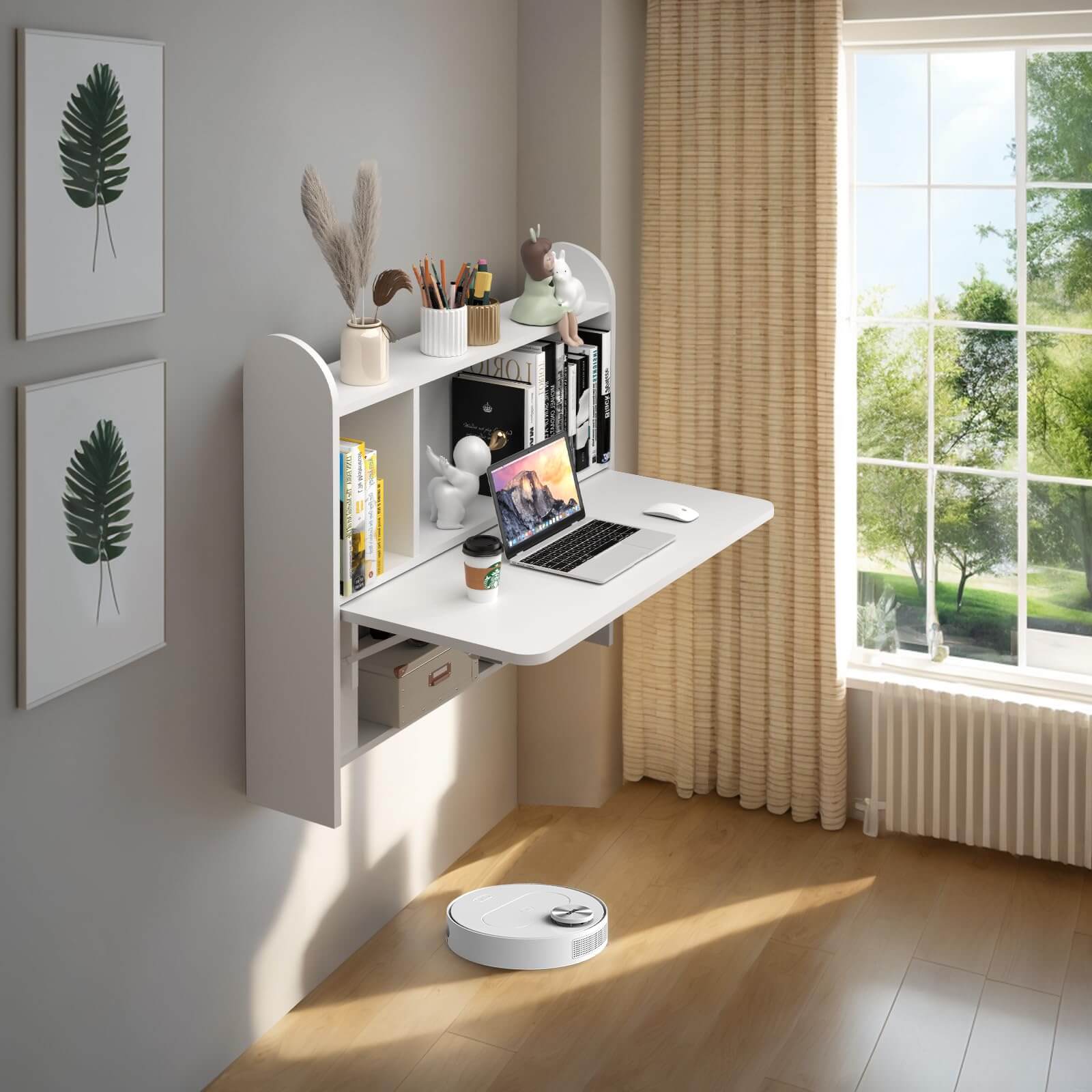 White Wall Mounted Fold Down Desk for Small Space with Storage Shelf
