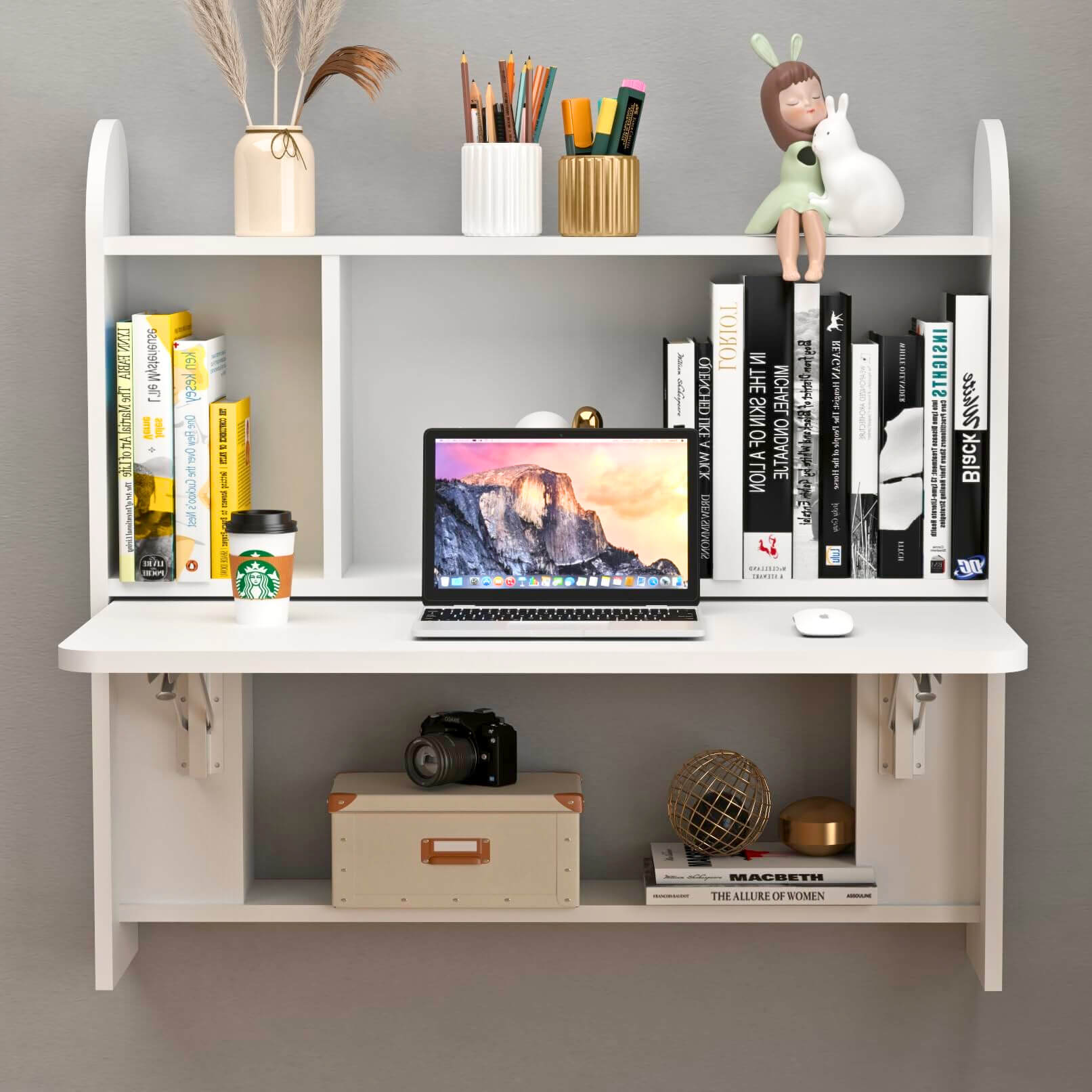 White Wall Mounted Fold Down Desk for Small Space with Storage Shelf