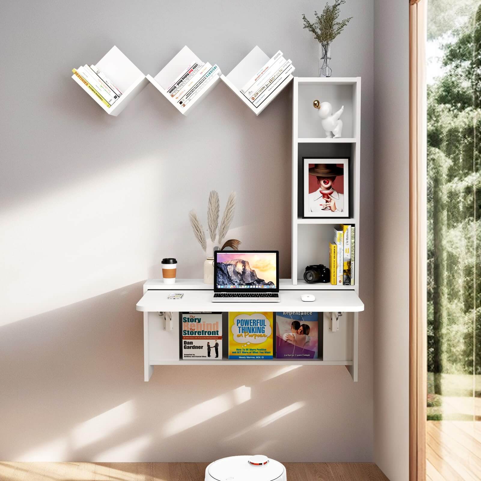 White Plywood Wall Mounted Fold Down Desk with Bookshelves, Space Saving Home Office