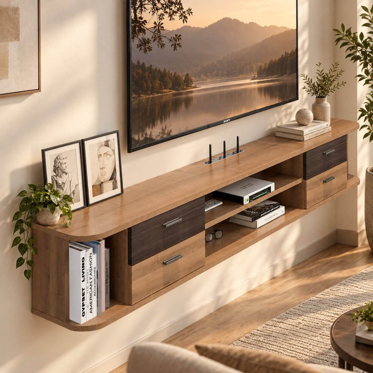 56" Drawista Floating TV Stand, Walnut