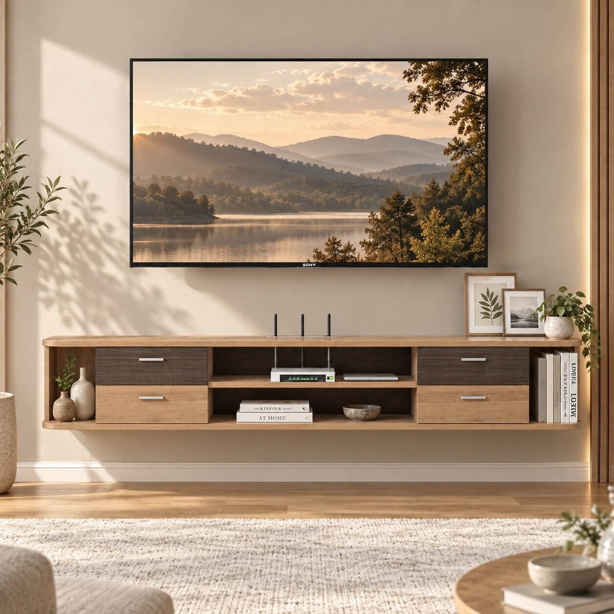56" Drawista Floating TV Stand, Walnut