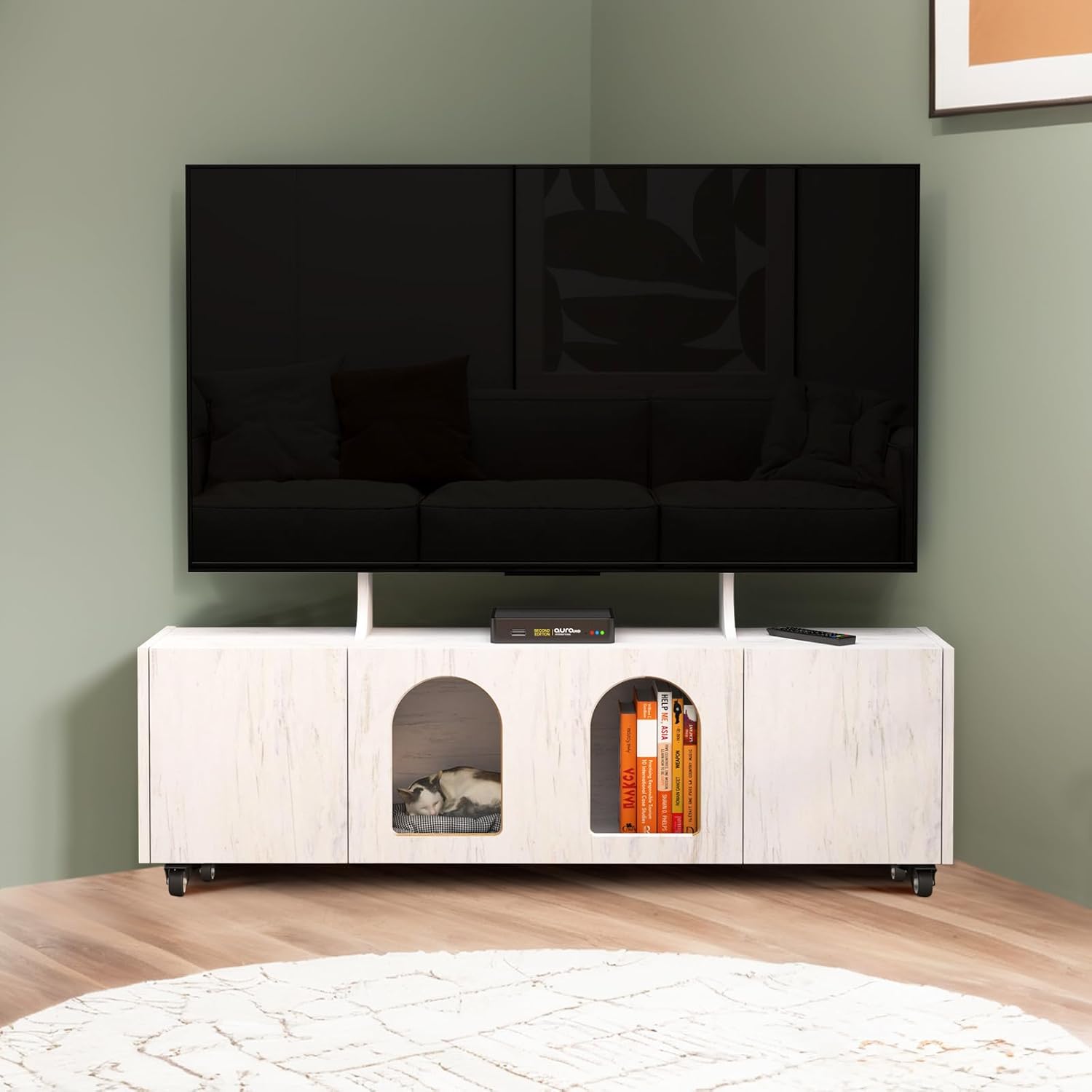 48.5" Rolling Wood TV Stand, White