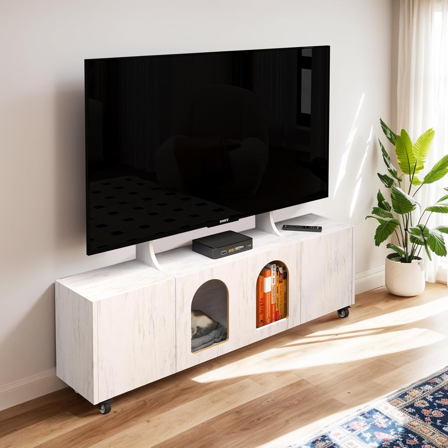 48.5" Rolling Wood TV Stand, White